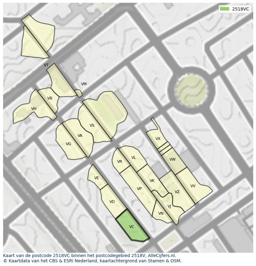Afbeelding van het postcodegebied 2518 VC op de kaart.