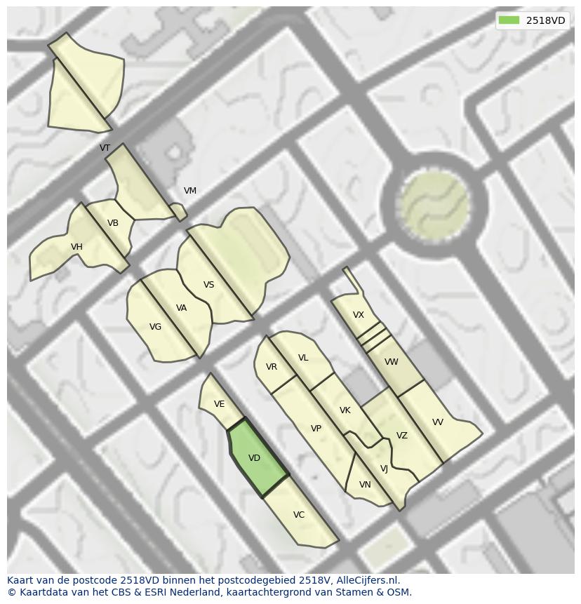 Afbeelding van het postcodegebied 2518 VD op de kaart.