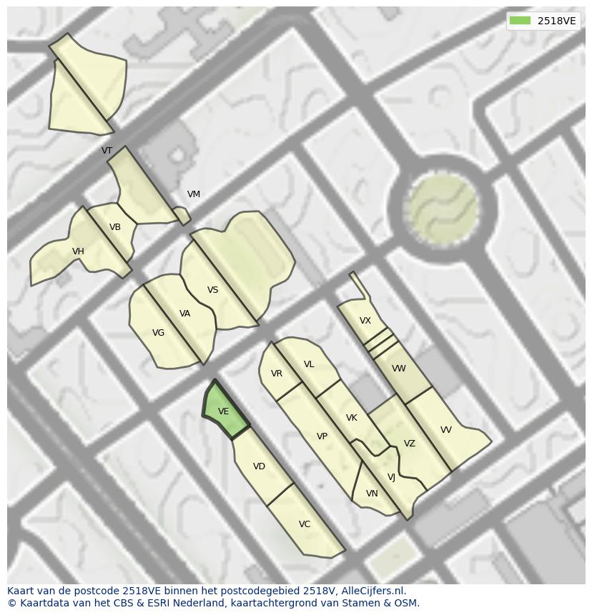 Afbeelding van het postcodegebied 2518 VE op de kaart.