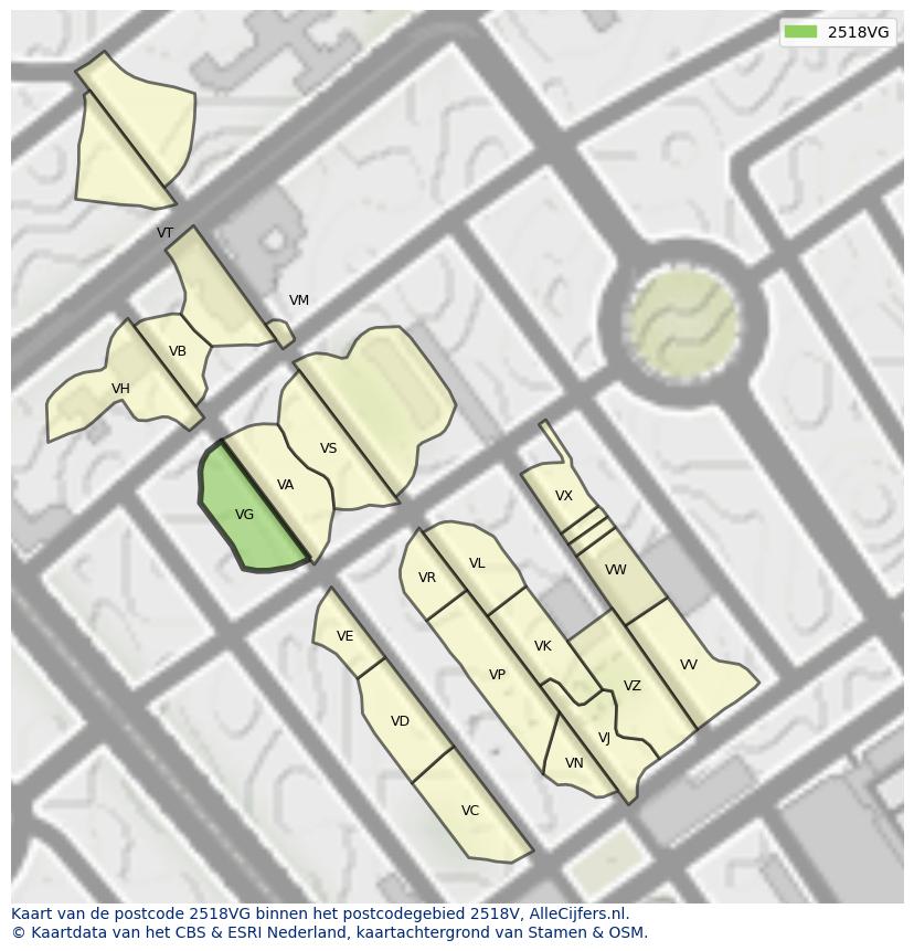 Afbeelding van het postcodegebied 2518 VG op de kaart.