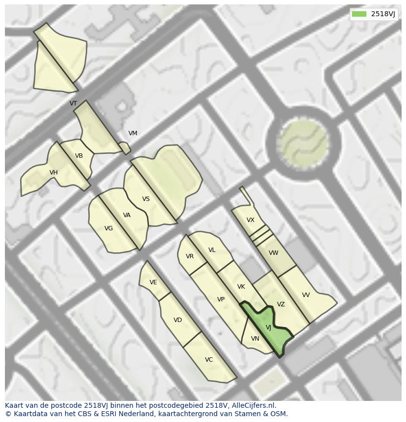 Afbeelding van het postcodegebied 2518 VJ op de kaart.