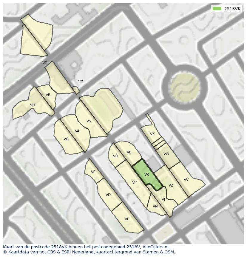Afbeelding van het postcodegebied 2518 VK op de kaart.