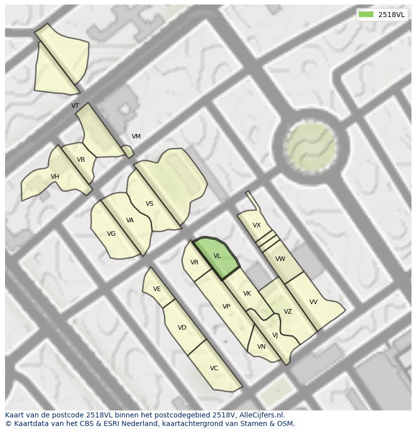 Afbeelding van het postcodegebied 2518 VL op de kaart.