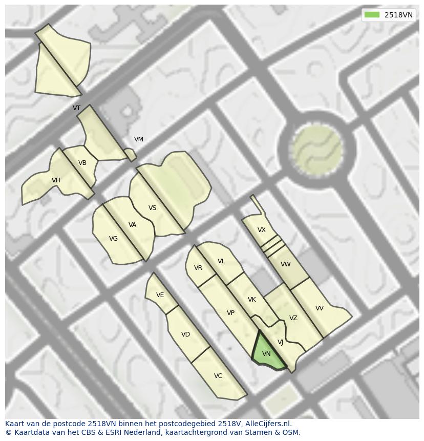 Afbeelding van het postcodegebied 2518 VN op de kaart.