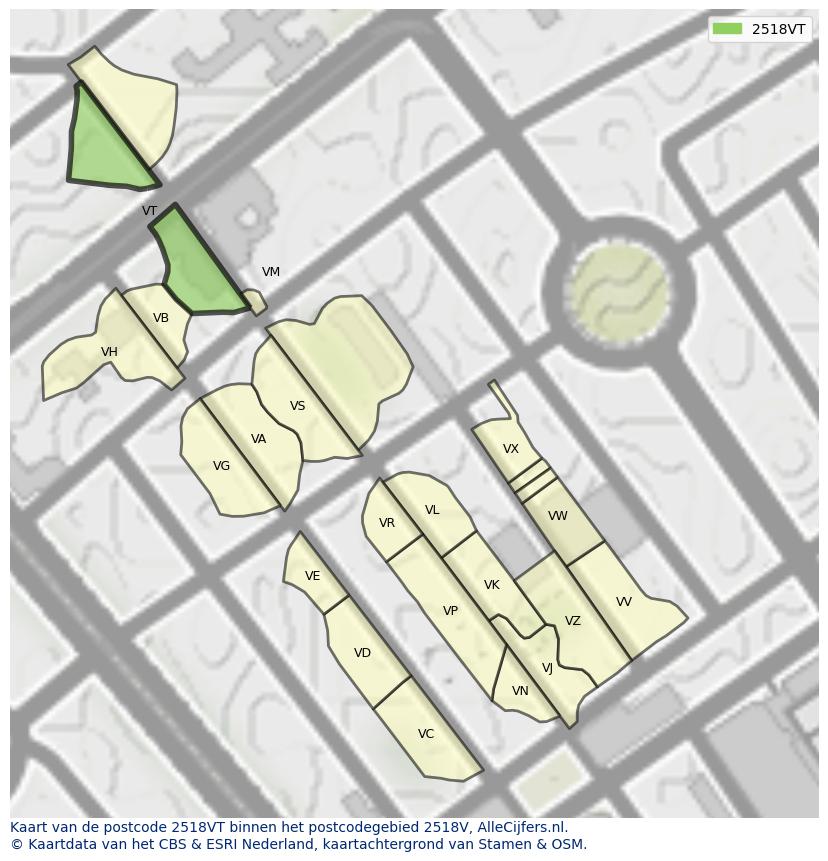 Afbeelding van het postcodegebied 2518 VT op de kaart.