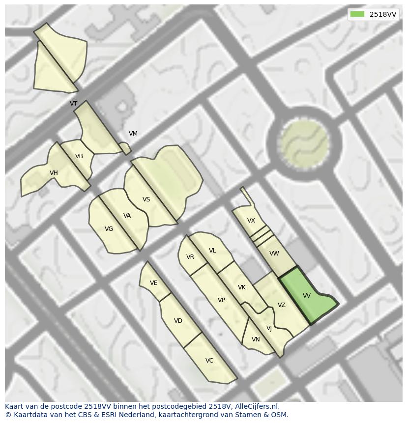 Afbeelding van het postcodegebied 2518 VV op de kaart.