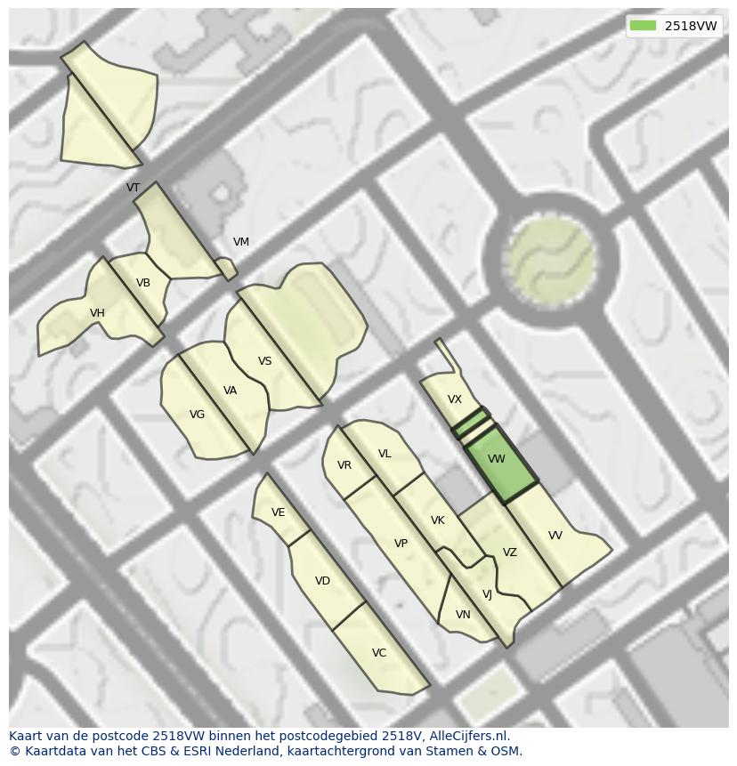 Afbeelding van het postcodegebied 2518 VW op de kaart.