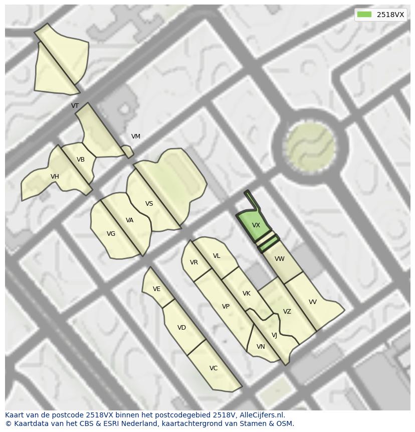 Afbeelding van het postcodegebied 2518 VX op de kaart.
