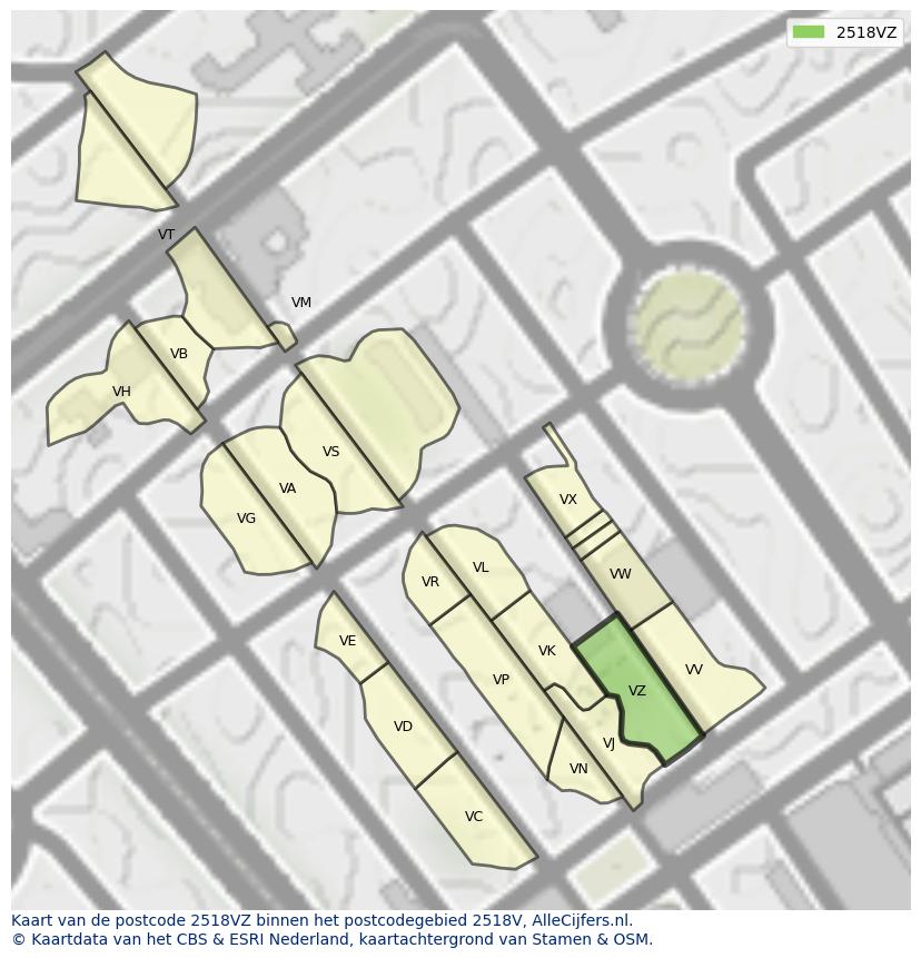 Afbeelding van het postcodegebied 2518 VZ op de kaart.