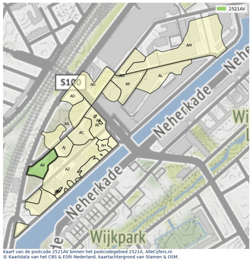 Afbeelding van het postcodegebied 2521 AV op de kaart.