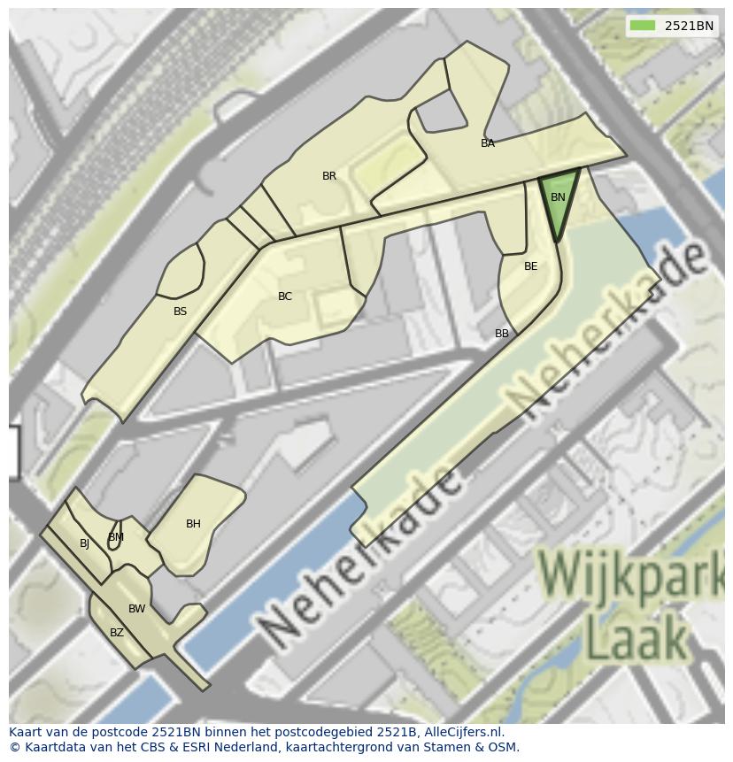 Afbeelding van het postcodegebied 2521 BN op de kaart.