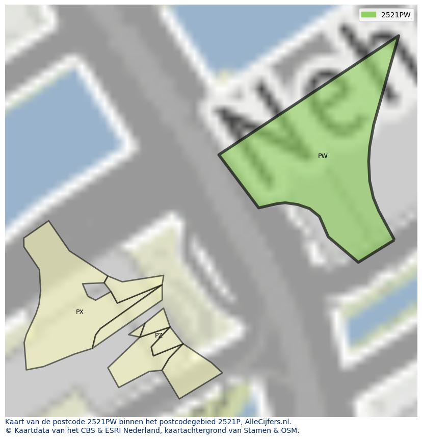 Afbeelding van het postcodegebied 2521 PW op de kaart.