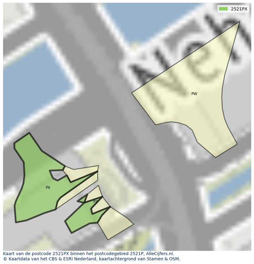 Afbeelding van het postcodegebied 2521 PX op de kaart.