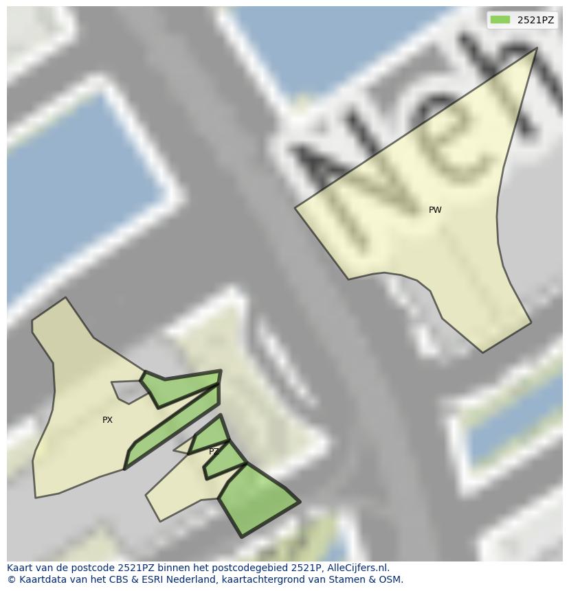 Afbeelding van het postcodegebied 2521 PZ op de kaart.