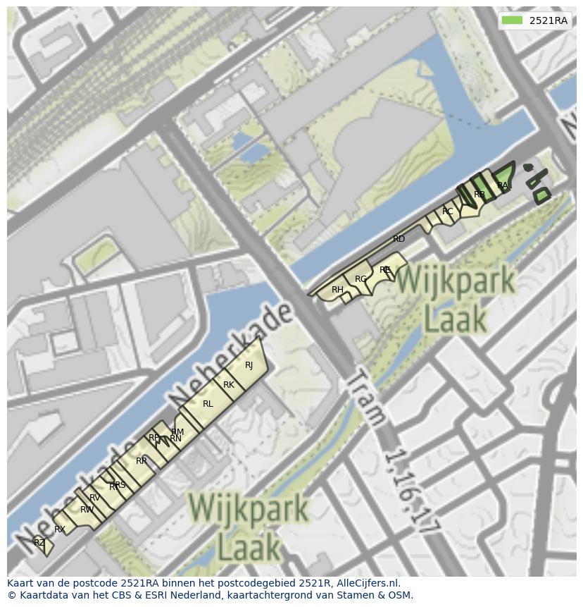 Afbeelding van het postcodegebied 2521 RA op de kaart.