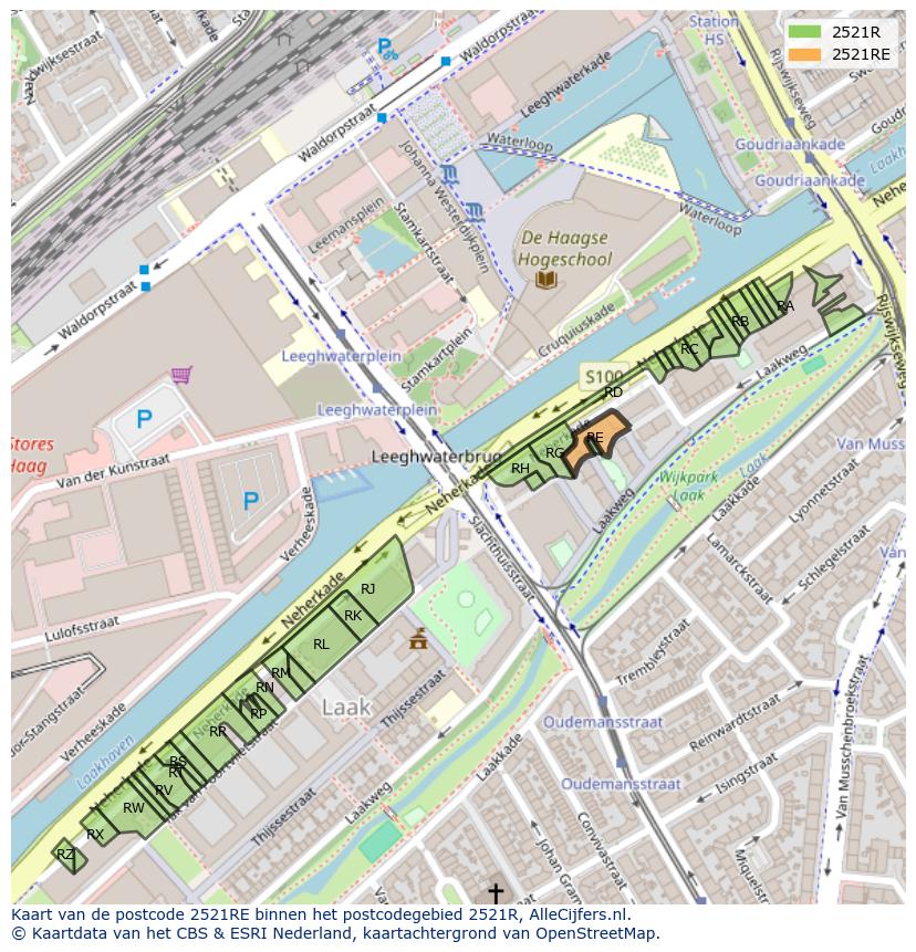 Afbeelding van het postcodegebied 2521 RE op de kaart.