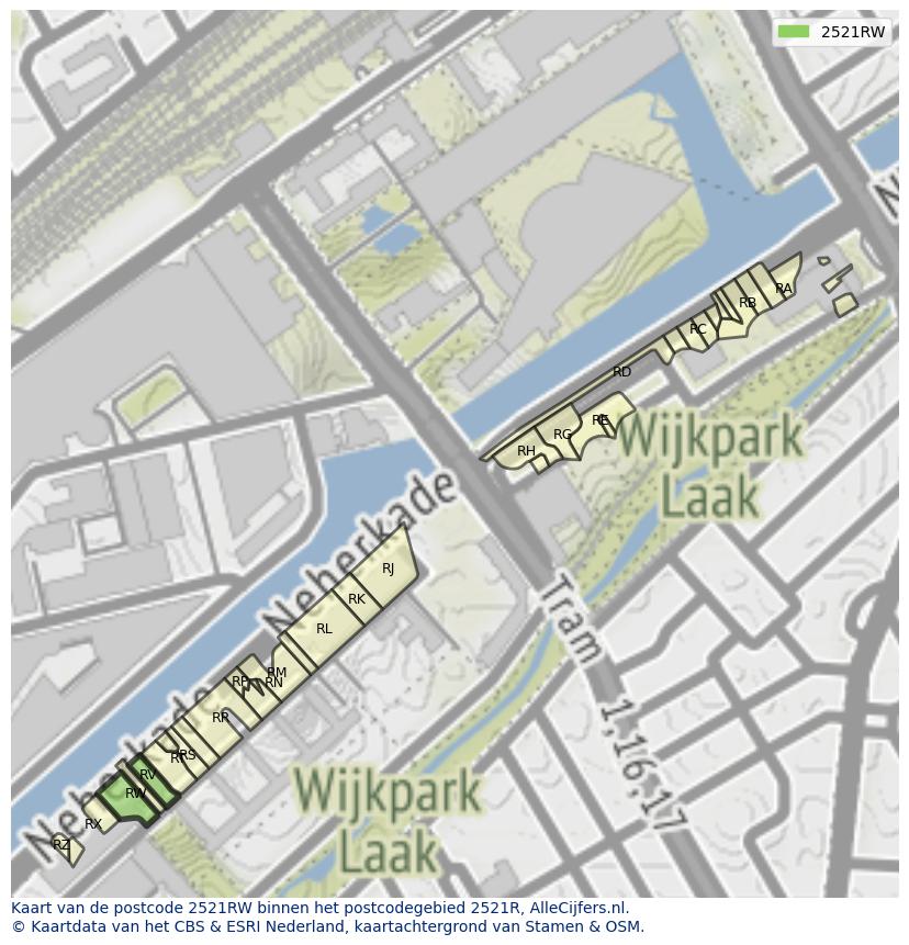 Afbeelding van het postcodegebied 2521 RW op de kaart.