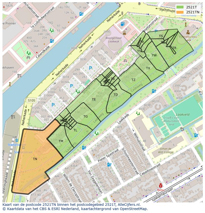 Afbeelding van het postcodegebied 2521 TN op de kaart.