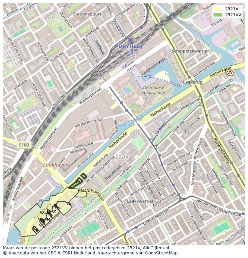 Afbeelding van het postcodegebied 2521 VV op de kaart.