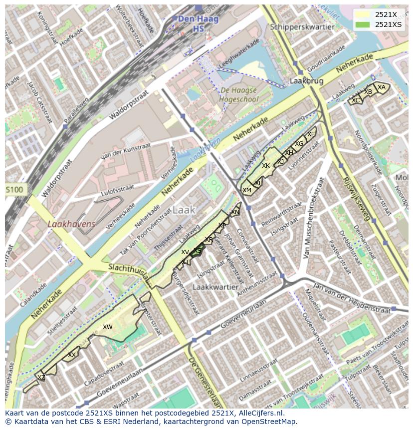 Afbeelding van het postcodegebied 2521 XS op de kaart.