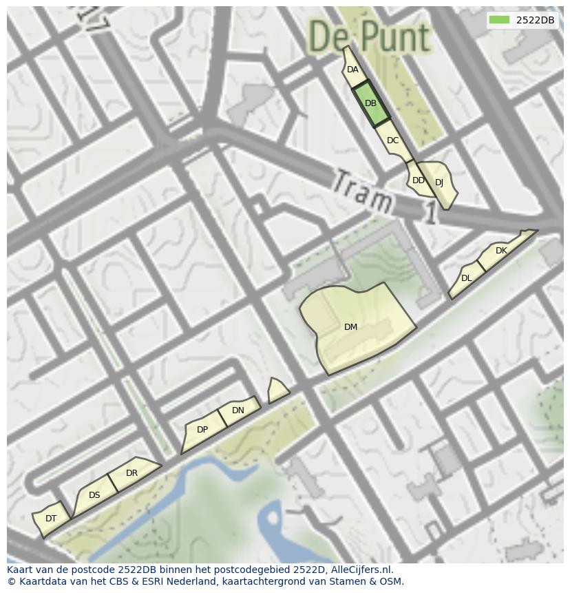Afbeelding van het postcodegebied 2522 DB op de kaart.