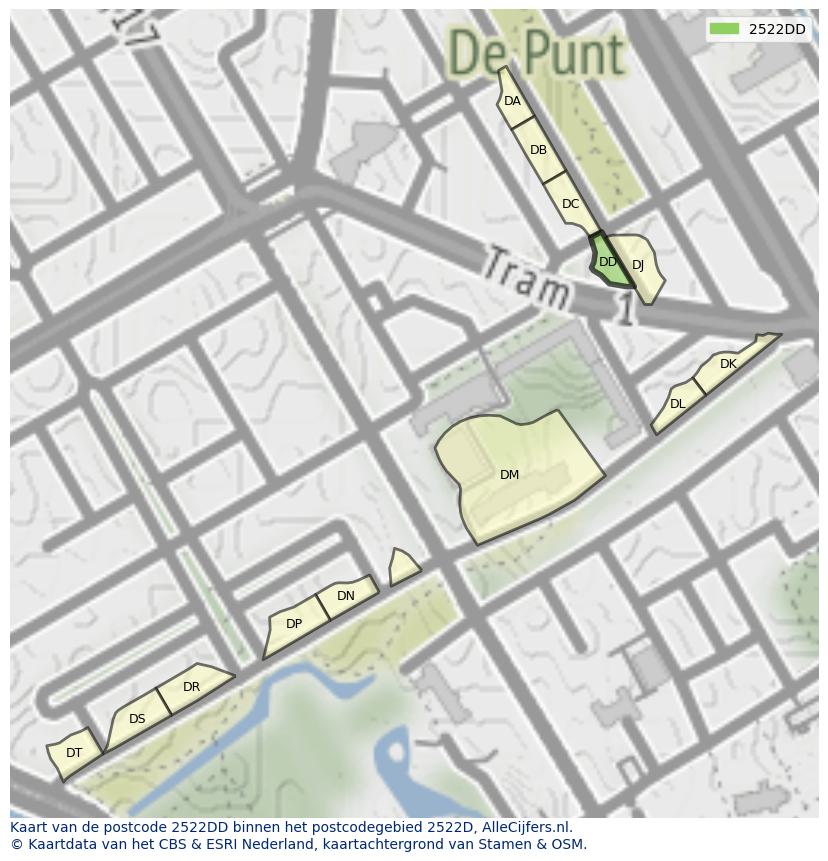 Afbeelding van het postcodegebied 2522 DD op de kaart.