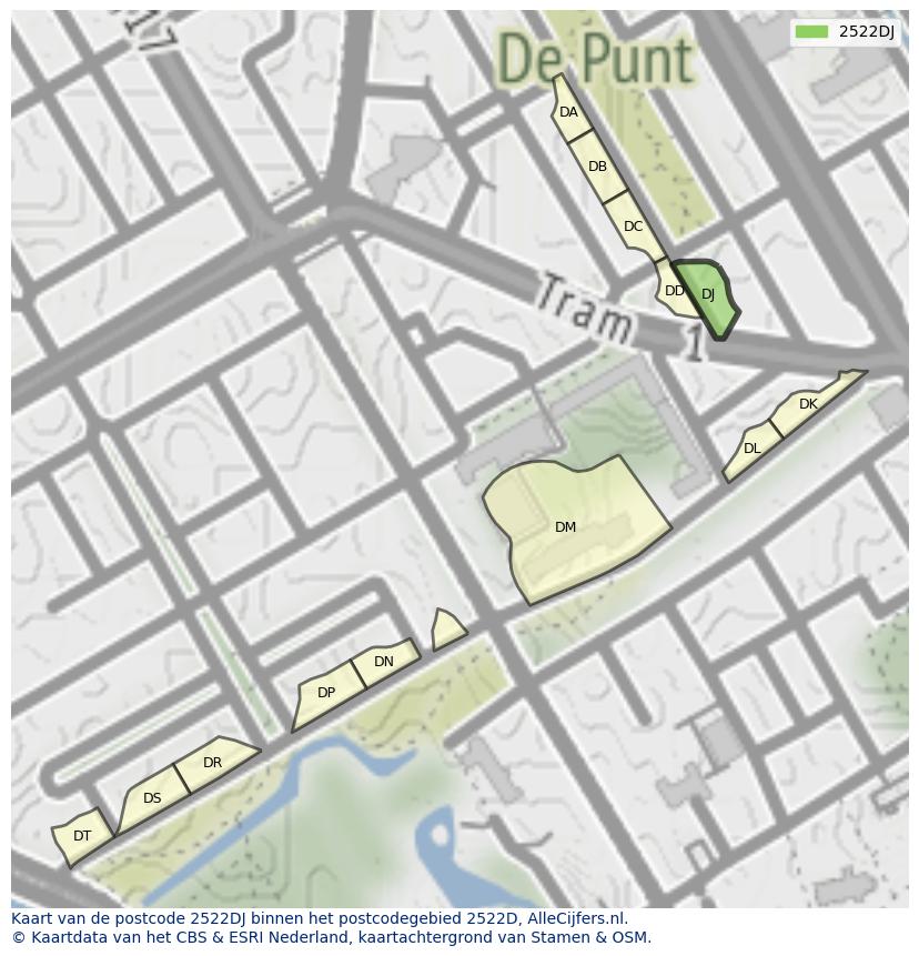 Afbeelding van het postcodegebied 2522 DJ op de kaart.