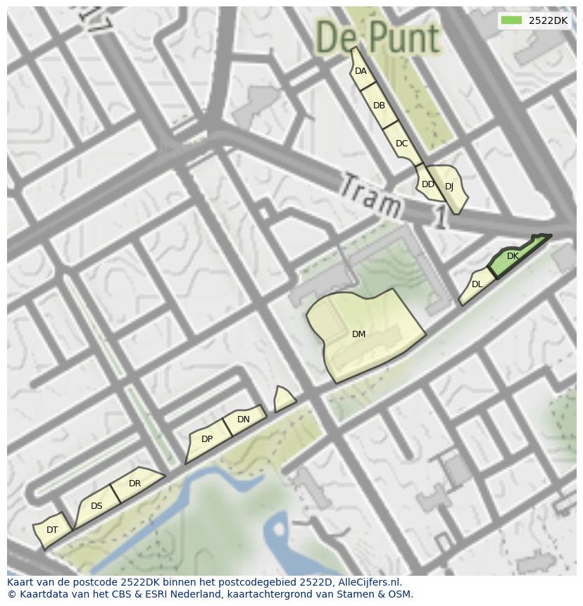 Afbeelding van het postcodegebied 2522 DK op de kaart.