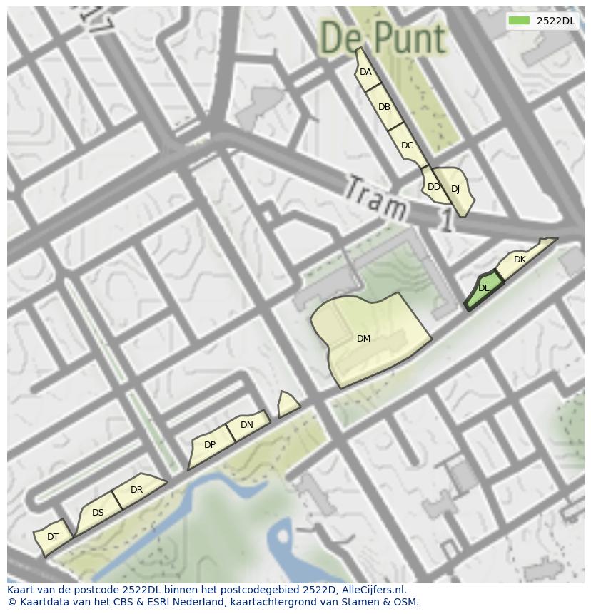 Afbeelding van het postcodegebied 2522 DL op de kaart.