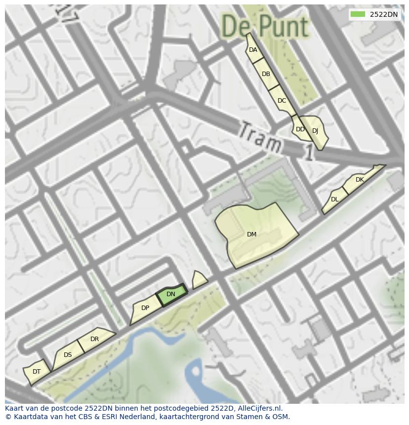 Afbeelding van het postcodegebied 2522 DN op de kaart.