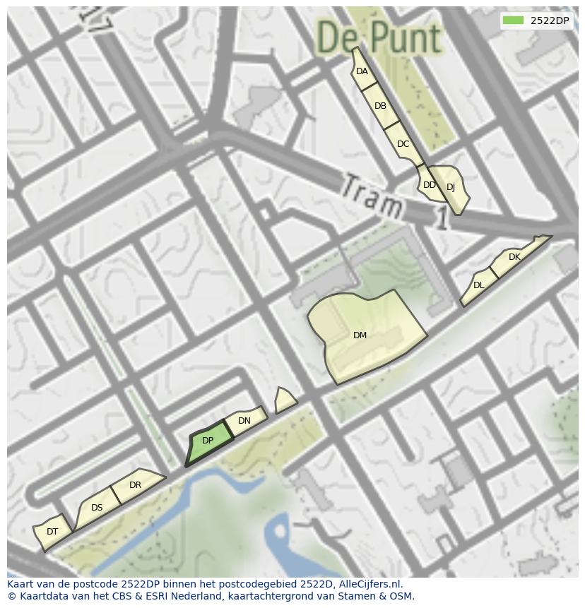 Afbeelding van het postcodegebied 2522 DP op de kaart.