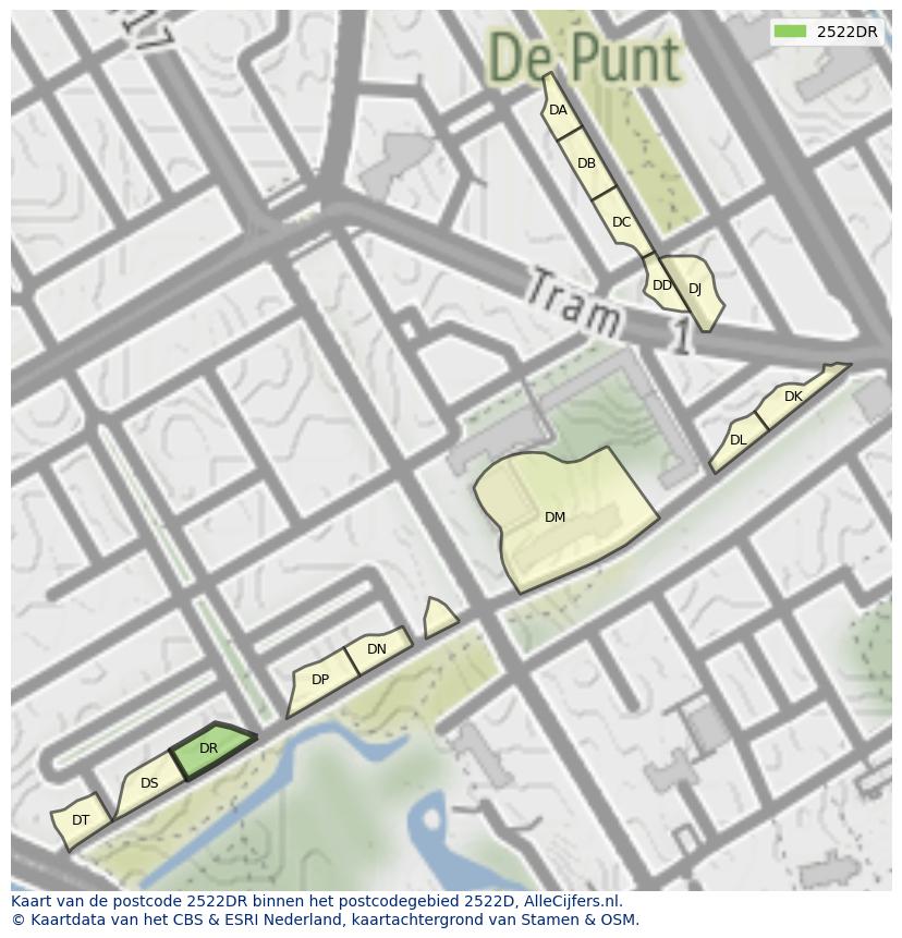 Afbeelding van het postcodegebied 2522 DR op de kaart.