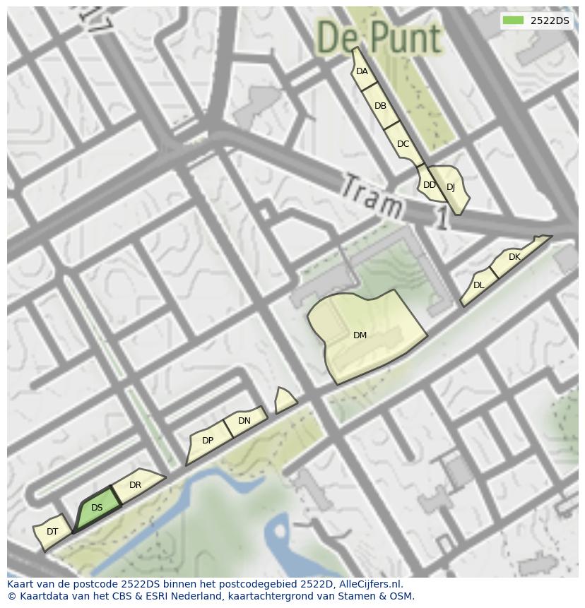 Afbeelding van het postcodegebied 2522 DS op de kaart.