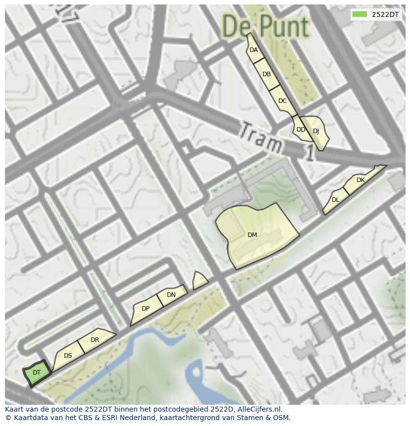 Afbeelding van het postcodegebied 2522 DT op de kaart.