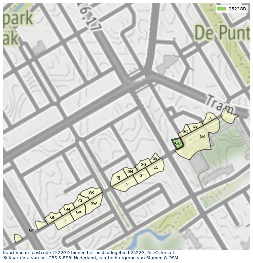 Afbeelding van het postcodegebied 2522 GD op de kaart.