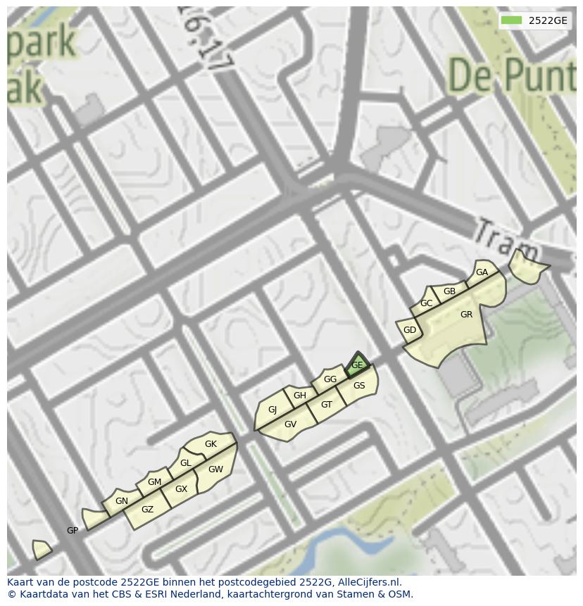 Afbeelding van het postcodegebied 2522 GE op de kaart.