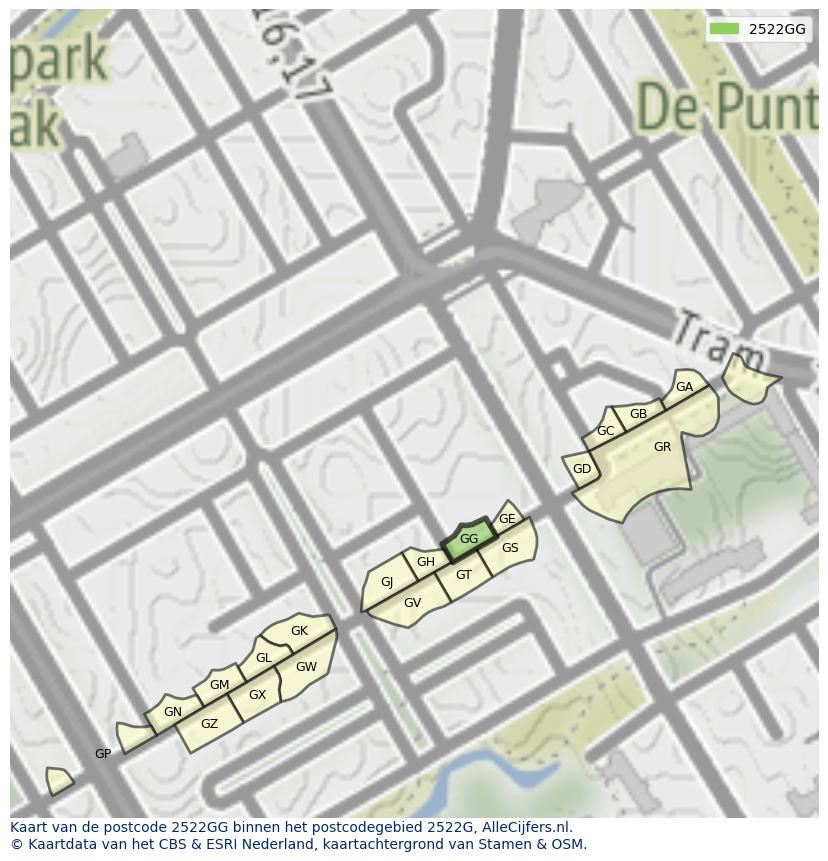 Afbeelding van het postcodegebied 2522 GG op de kaart.