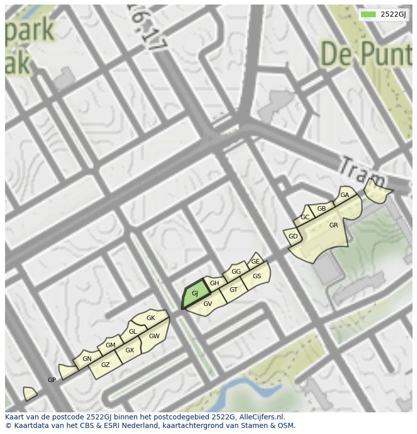 Afbeelding van het postcodegebied 2522 GJ op de kaart.