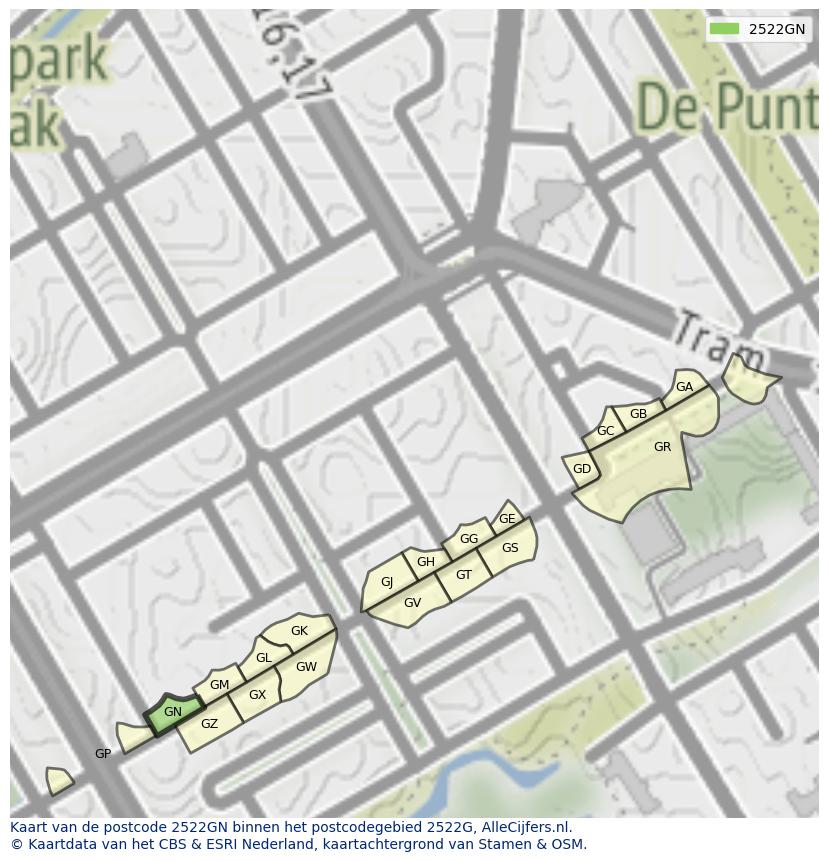Afbeelding van het postcodegebied 2522 GN op de kaart.