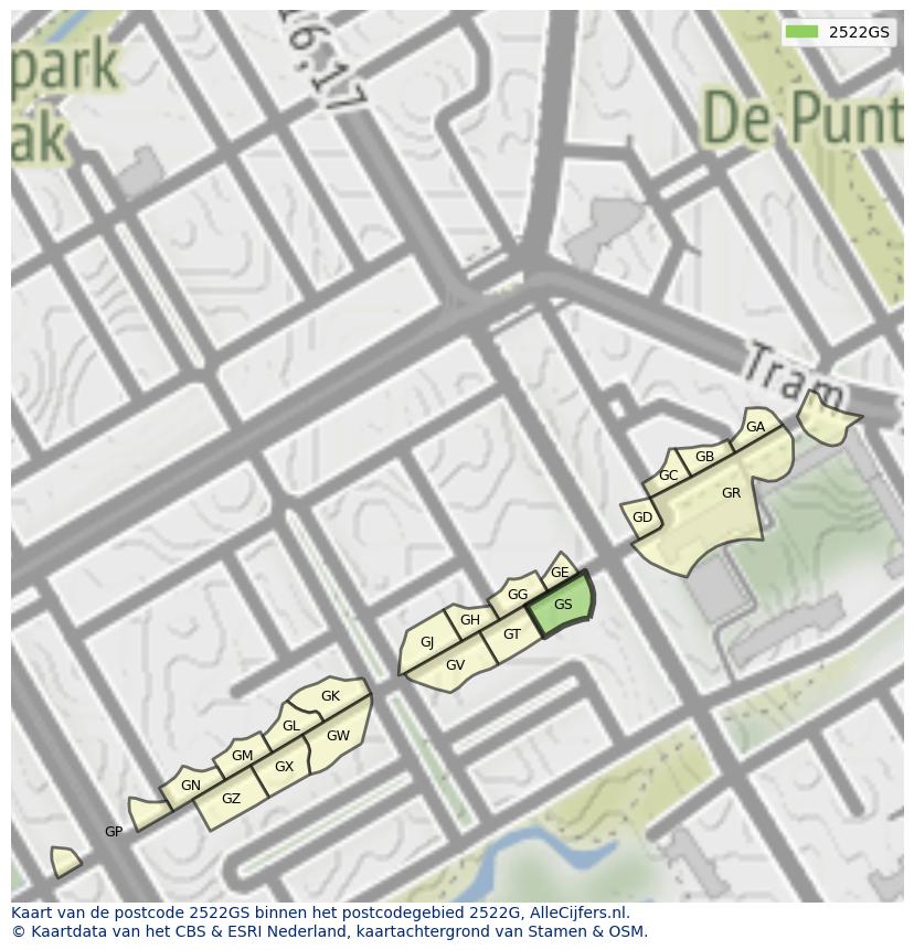 Afbeelding van het postcodegebied 2522 GS op de kaart.