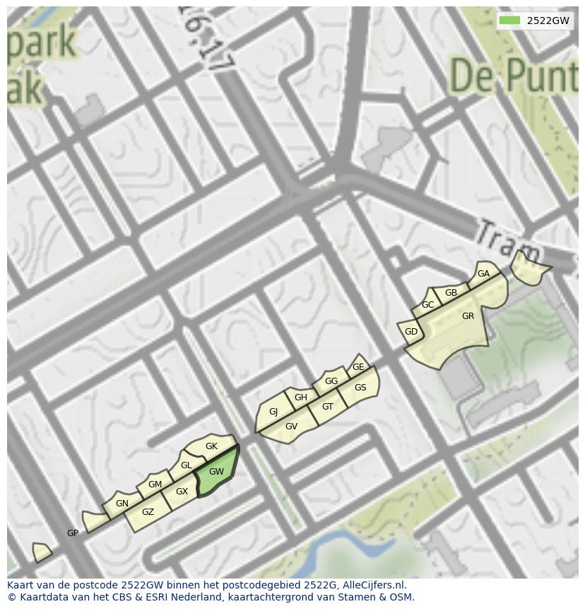 Afbeelding van het postcodegebied 2522 GW op de kaart.