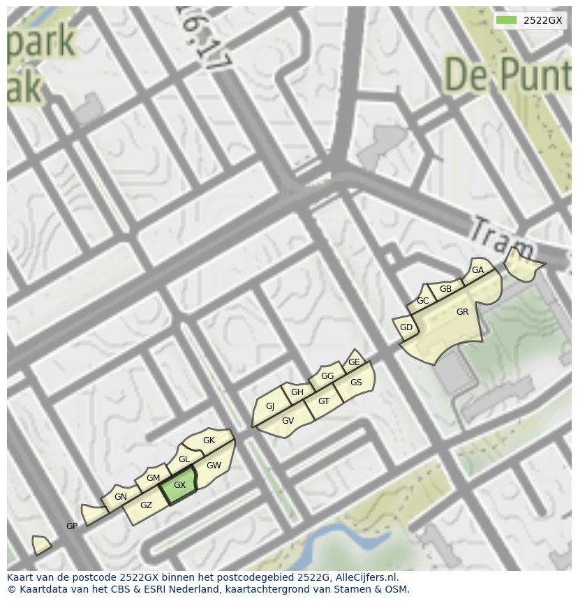 Afbeelding van het postcodegebied 2522 GX op de kaart.