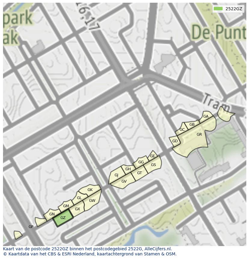 Afbeelding van het postcodegebied 2522 GZ op de kaart.