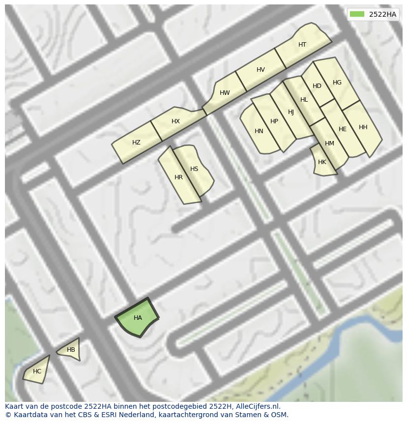 Afbeelding van het postcodegebied 2522 HA op de kaart.