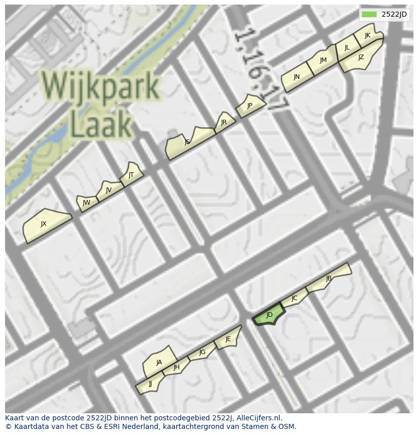 Afbeelding van het postcodegebied 2522 JD op de kaart.