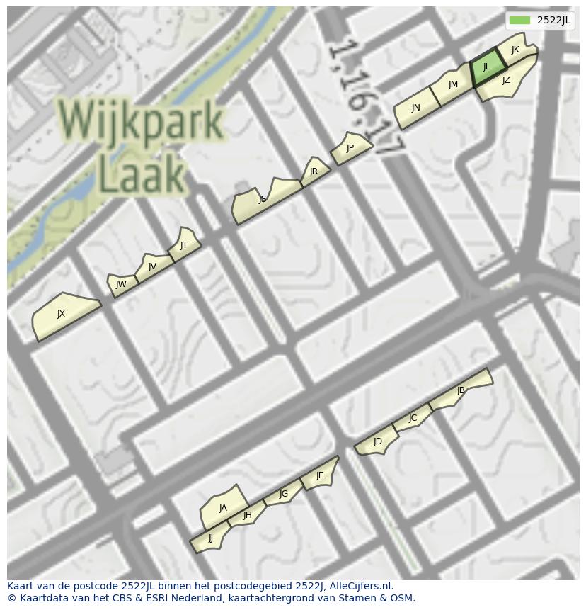 Afbeelding van het postcodegebied 2522 JL op de kaart.