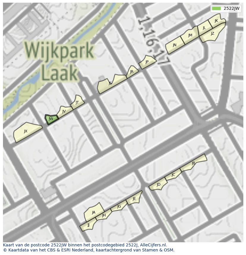 Afbeelding van het postcodegebied 2522 JW op de kaart.