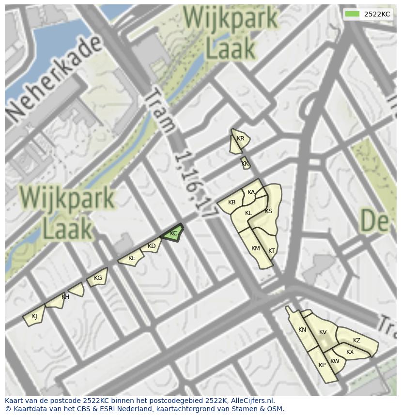 Afbeelding van het postcodegebied 2522 KC op de kaart.