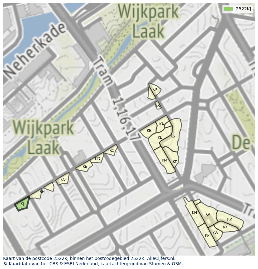 Afbeelding van het postcodegebied 2522 KJ op de kaart.
