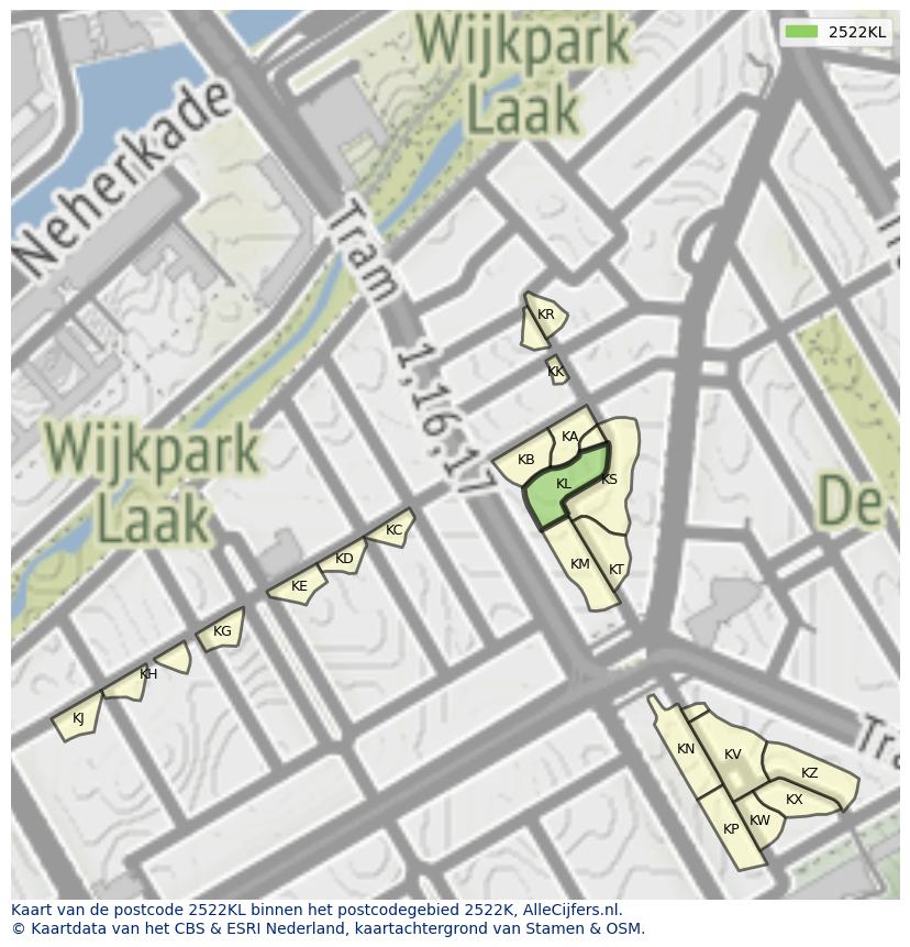 Afbeelding van het postcodegebied 2522 KL op de kaart.